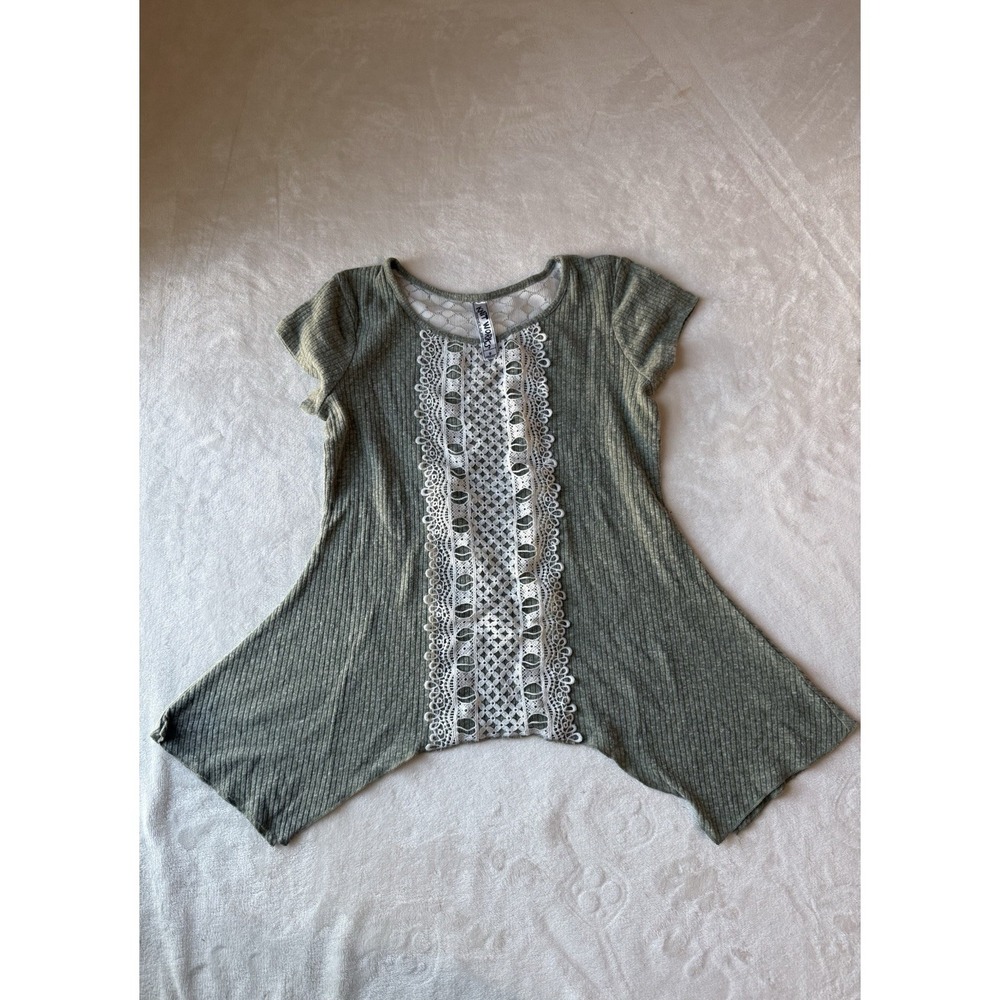 Knit Works Youth Girls Size Med 7/8 Green Rib-Knit Crochet Lace Short Sleeve